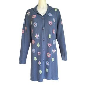 Vtg‎ Bob Mackie Wearable Art Cardigan Sweater M Blue Embroidered Long Length